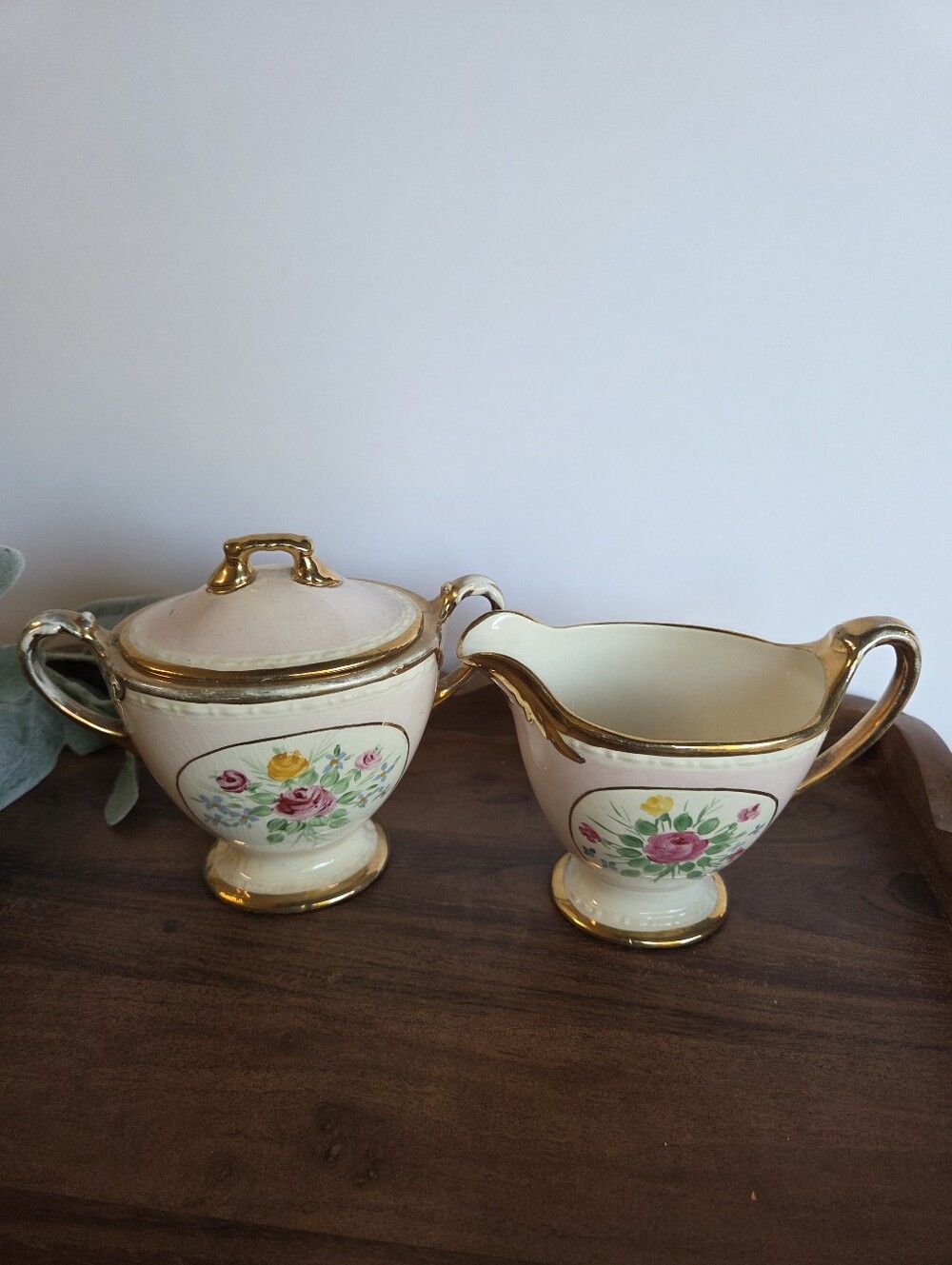 Vintage Rare Pink & Gold Homer Laughlin Georgian Eggshell Cream & Sugar Set